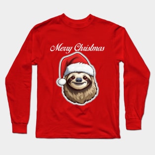 Sloth Wearing Santa Hat - Merry Christmas (White Lettering) Long Sleeve T-Shirt